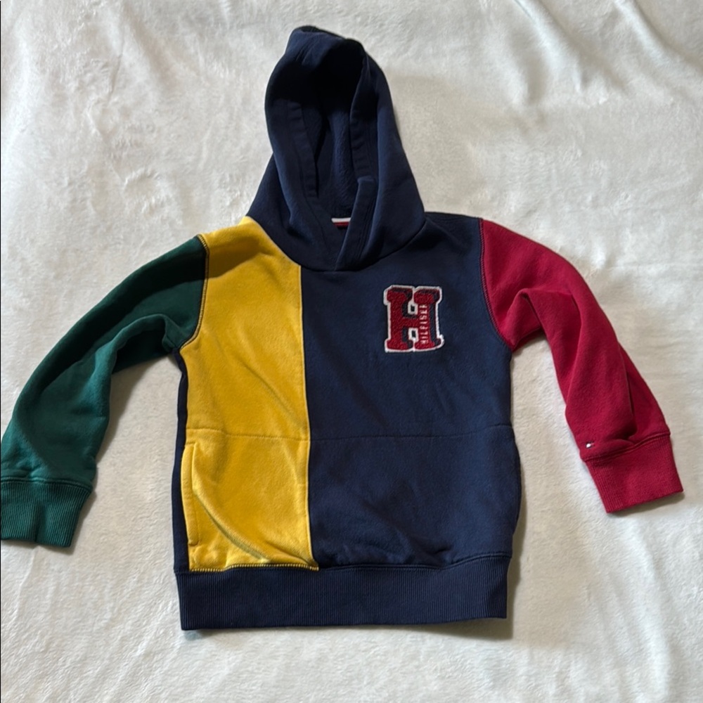 Tommy Hilfiger Red and Yellow Color-Blocked Hoodie Sweatshirt